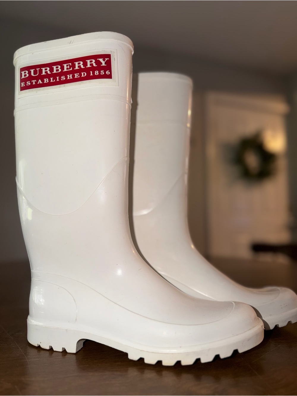Burberry White Rubber Logo Rain Boots with Red Patch